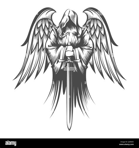 Angel With Wings Holds Sword Engraving Tattoo Isolated On White