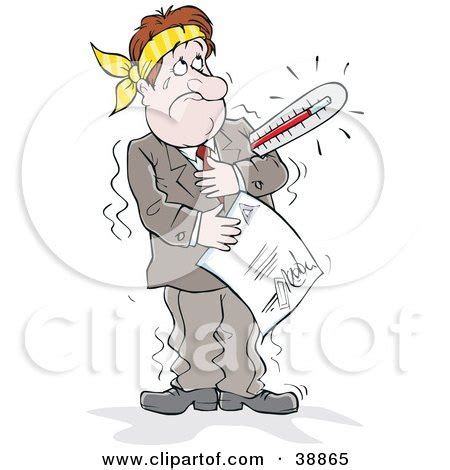 Clipart Illustration of a Determined Sick Businessman With A Thermometer Under His Arm, Holding ...