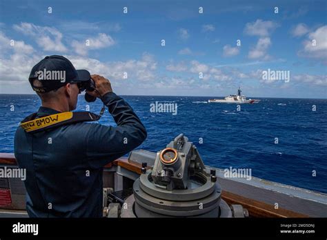 Pacific Ocean July 13 2022 Boatswain’s Mate 1st Class John Fahlgren Stands Watch As U S