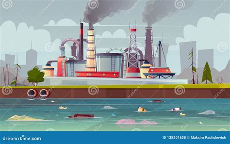 Vector Ecology Concept Water Pollution Factory Plant Stock Vector