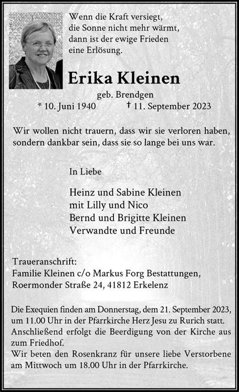 Alle Traueranzeigen F R Erika Kleinen Trauer Rp Online De