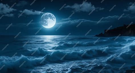 Premium AI Image | Night ocean landscape full moon and stars shine