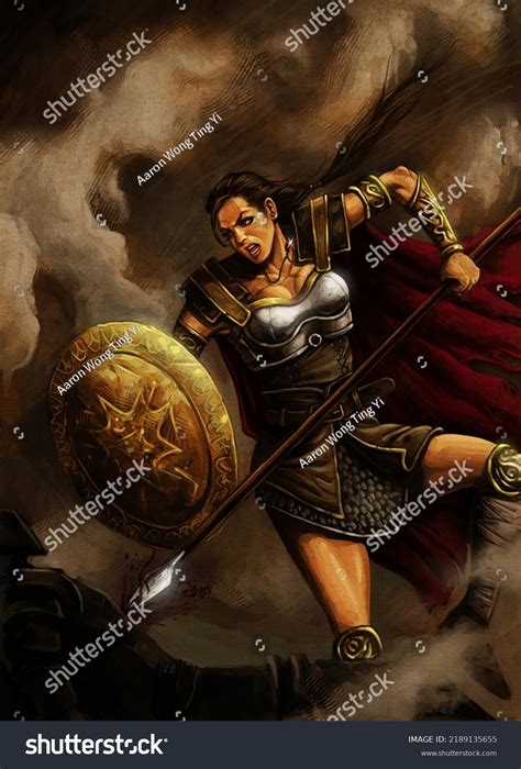 Digital Illustration Medieval Female Warrior Action Stock Illustration ...