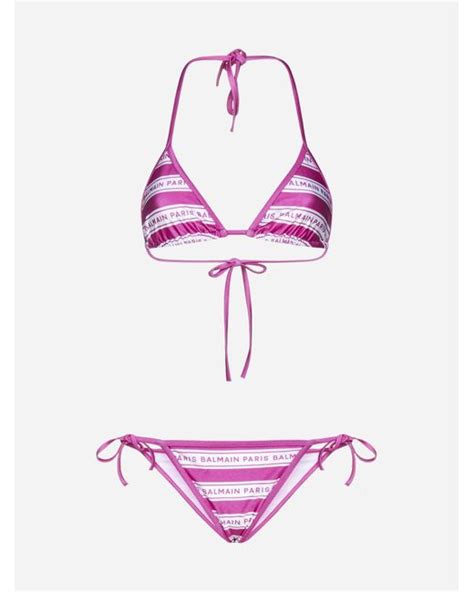 Balmain Logo Tape Triangle Bikini In Pink Lyst