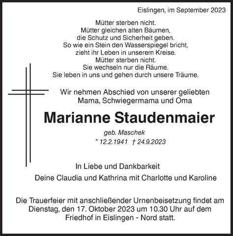 Traueranzeigen Von Marianne Staudenmaier S Dwest Presse Trauer