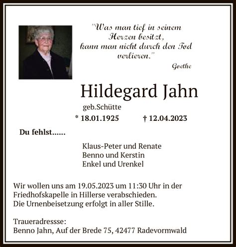 Traueranzeigen Von Hildegard Jahn Trauer Hna De