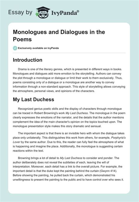 Monologues And Dialogues In The Poems 1385 Words Essay Example