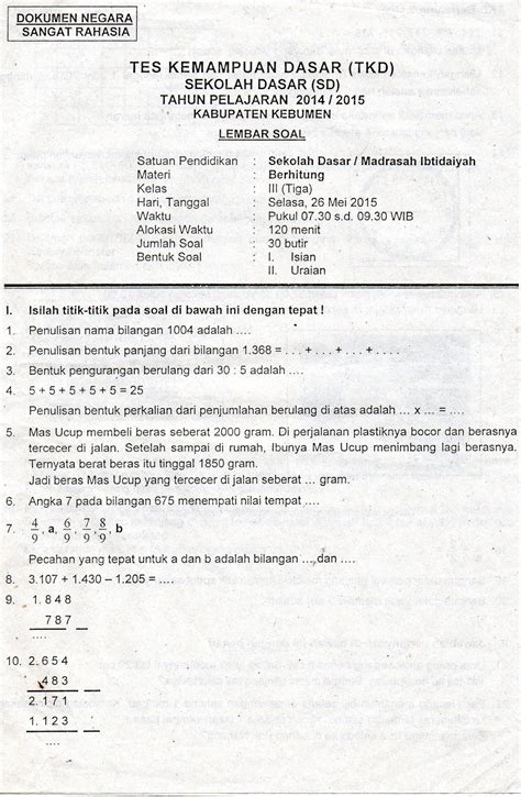 MEDIA PENDIDIKAN Soal Soal Tes Kemampuan Dasar TKD Kelas 3 Tahun