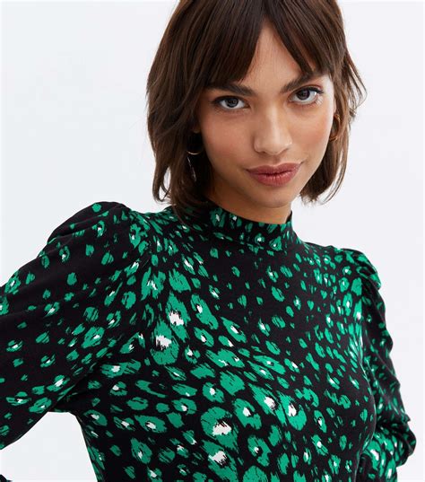 Green Leopard Print High Neck Mini Dress New Look