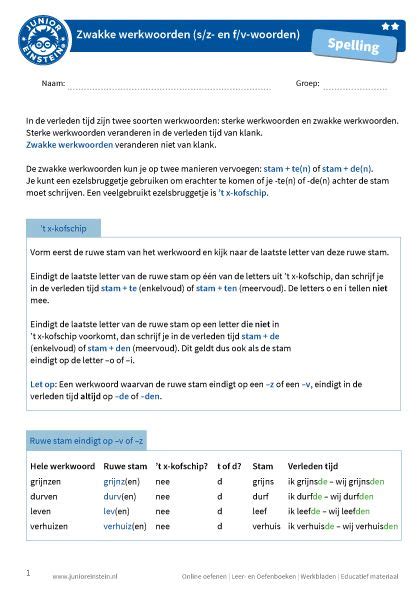 Zwakke Werkwoorden S Z F V Woorden In De Verleden Tijd Zijn Twee