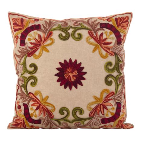 Embroidered Floral Design Cotton Poly Filled Throw Pillow Multi Color Removable Cover