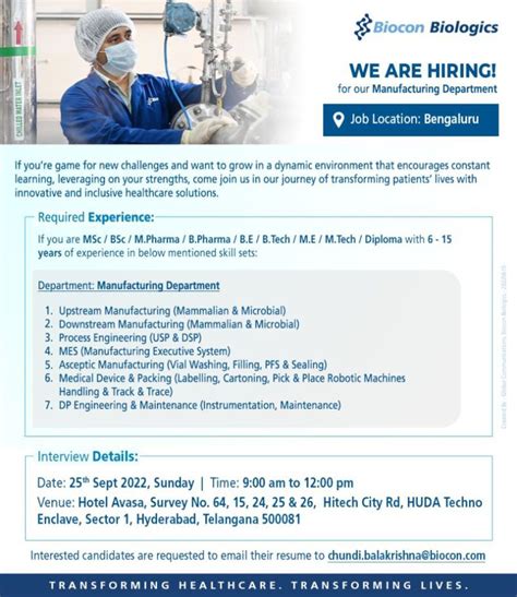 Biocon Biologics Walk In Interview For MSc BSc M Pharma B Pharma BE