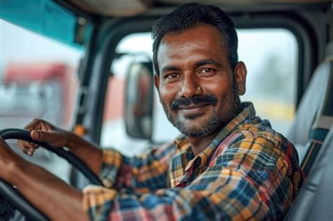 Portrait Of Confident Indian Truck Driver On Parking Copy Space