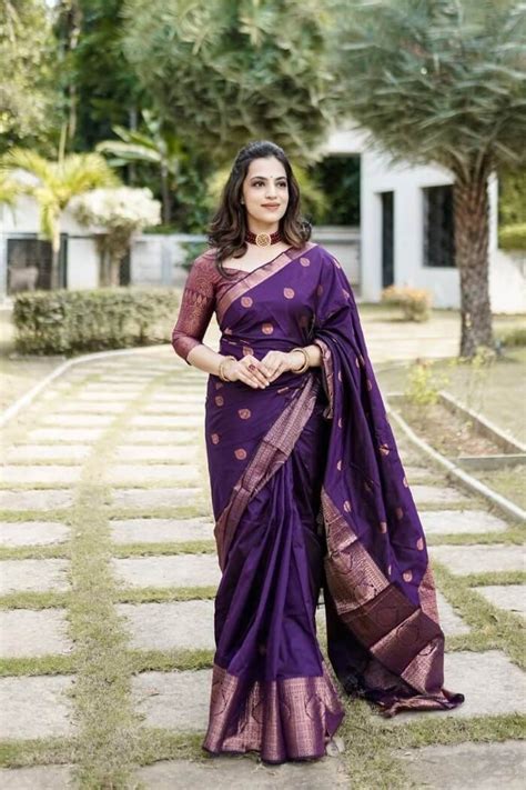 Violet Banarasi Silk Saree In Copper Zari Weaving Designerkloth