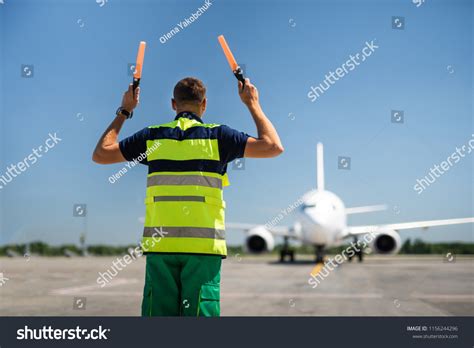 Signaling You Back View Aviation Marshaller Stock Photo 1156244296