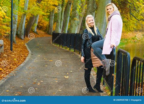 Two Women Walking In Autumn Park Stock Photo Image Of Leaves