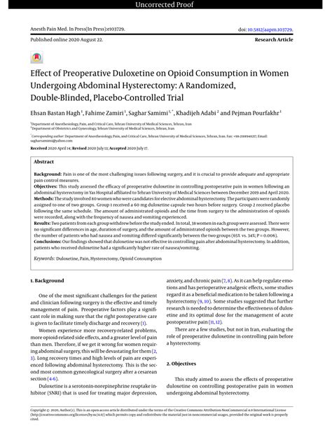 PDF Effect Of Preoperative Duloxetine On Opioid Consumption In Women