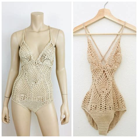 Vintage 1970s NUDE Cotton CROCHET MACRAME One Piece Swimsuit