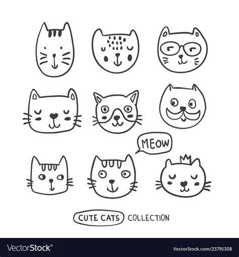 Funny doodle outline cats faces collection Vector Image