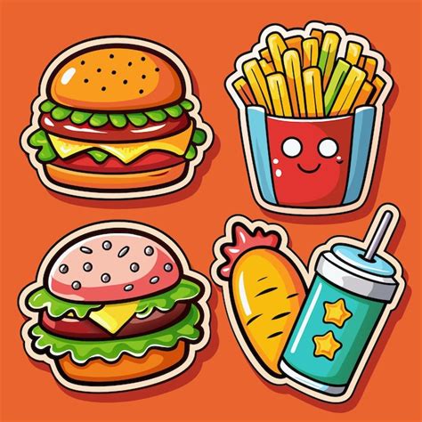 Ilustración de dibujos animados coloridos de hamburguesas fritas y