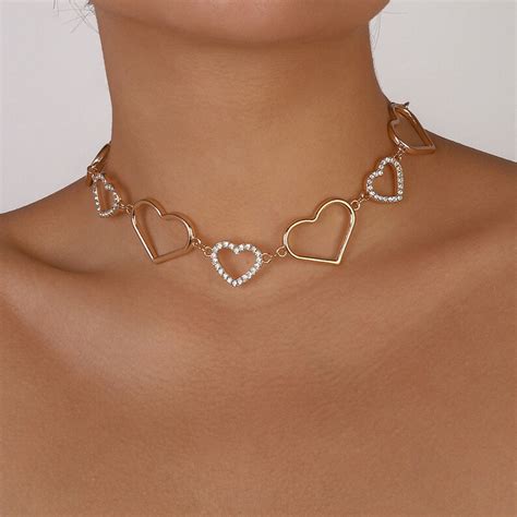 Gold Silver Heart Choker Necklace Hollow Heart Rhinestone Etsy