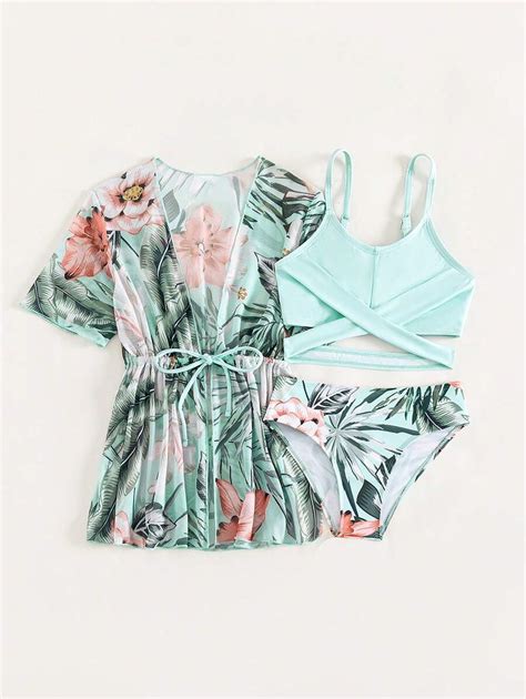 Young Girl Tropical Print Bikini Swimsuit With Kimono Matching Sets