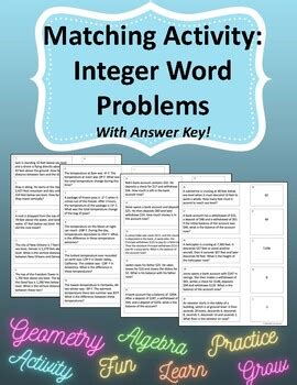 Integer Word Problems Matching Activity by Math Lab Classroom | TPT