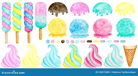 8012 Watercolor Ice Cream Clipart Set Popslice Waffle Cone Scoop Soft Ice Cream Sprinkling