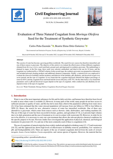 PDF Evaluation Of Three Natural Coagulant From Moringa Oleifera Seed