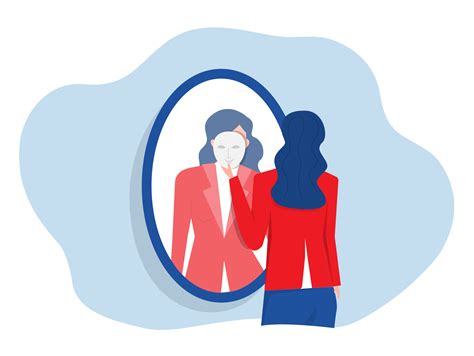 Imposter Syndrome. A businesswoman looks in the mirror and takes mask ...