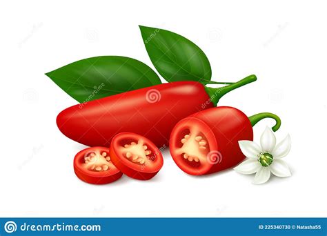 Pimenta De Jalapeno Chili Vermelha Flor De Fatias E Folhas Isoladas