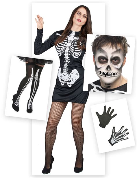 Skelett Damenkostüm Halloween Set 6 teilig schwarz weiss Kostüme für