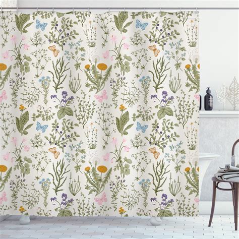 Floral Shower Curtain, Vintage Garden Plants with Herbs Flowers ...