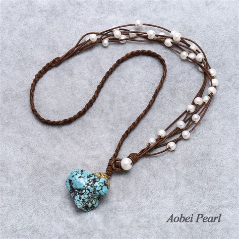 Aobei Pearl Handmade Necklace Made Of Freshwater Pearl Genuine Leather Cord And Turquoise