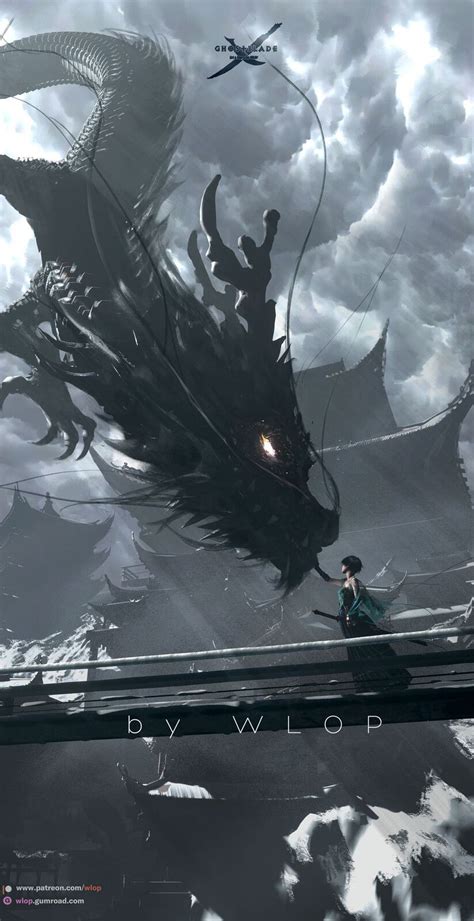 A Man Standing Next To A Giant Dragon On Top Of A Cloudy Sky In Front