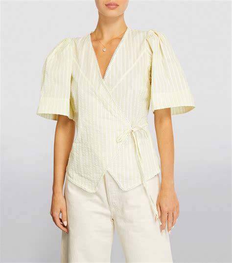 Womens Ganni Yellow Seersucker Striped Blouse Harrods Uk