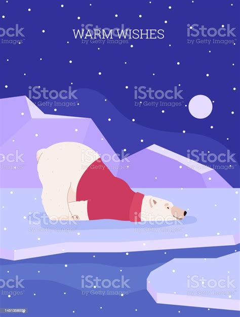 Christmas Greeting Card With Polar Bear Lying In Arctic Cartoon Flat