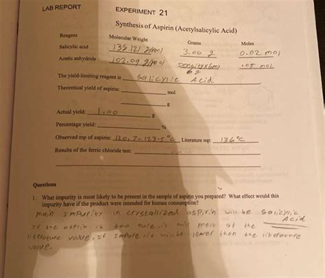 Solved Question Lab Report Experiment Synthesis Of Aspirin