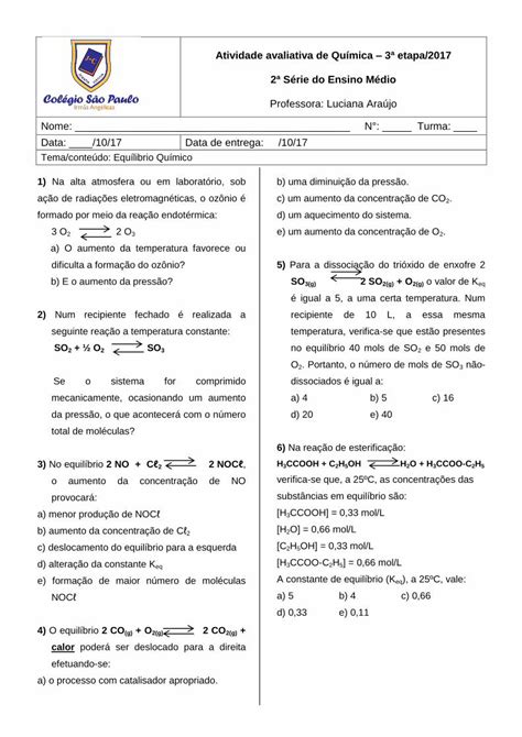 Pdf Atividade Avaliativa De Química 3ª Etapa 2017 2ª Série Do