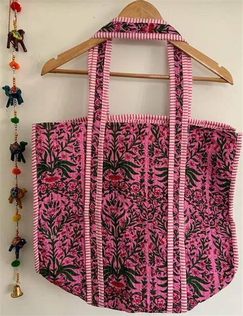 Handmade Cotton Pink Colour Block Print Reversible Shopping Bag Tote