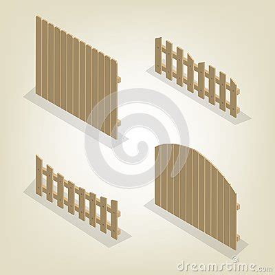 Set Of Isometric Spans Wooden Fences Vector Illustration