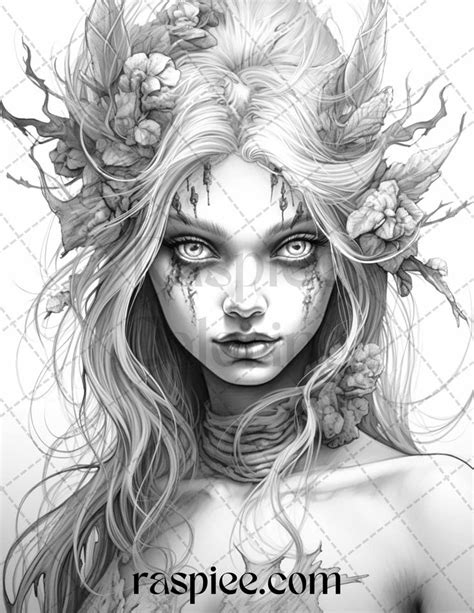 60 Halloween Zombie Fairy Grayscale Coloring Pages Printable For Adult