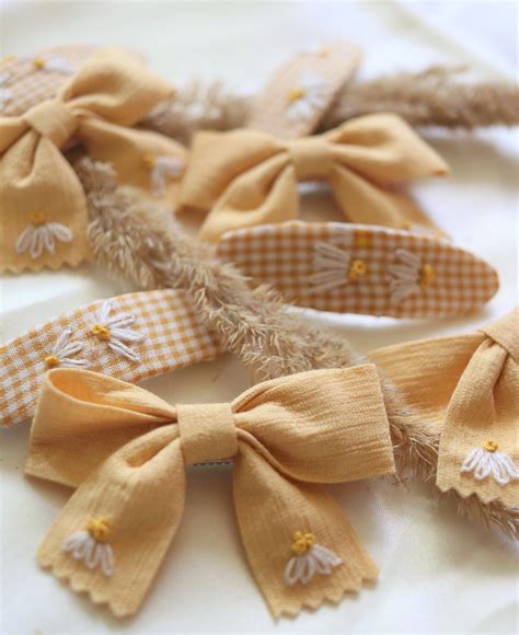 Hand Embroidered Bow And Gingham Hair Snap Clips Fabric Etsy In