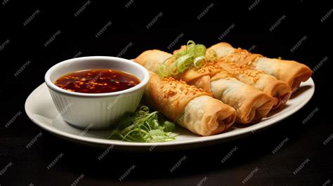 Premium Ai Image Tasty Asian Chicken Spring Rolls On Plate With Sauce