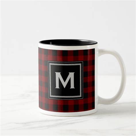 Black And Red Plaid Monogram Two Tone Coffee Mug Zazzle In 2020