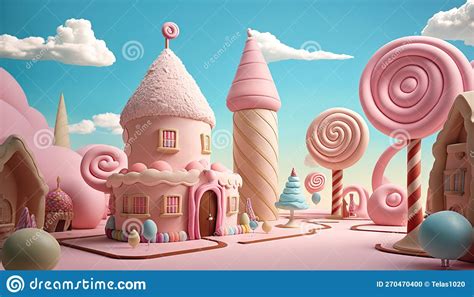 A Candy Land With A Pink Building And Candy Lollipops On The Ground And