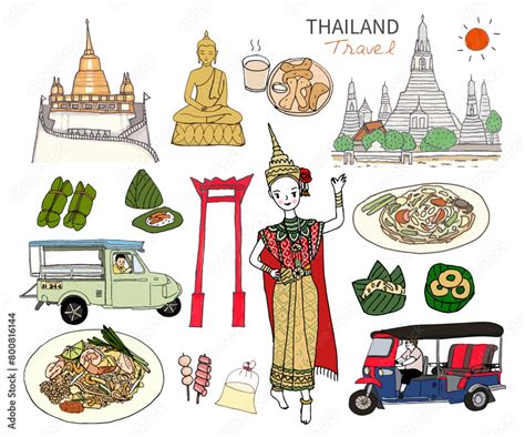 Thailand Travel Icon Set Of Architecture Thai Local Food Thai Culture Travel Thailand