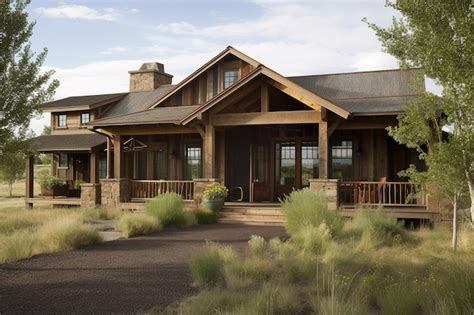 Premium AI Image | Rustic ranch house with wooden wraparound porch and ...