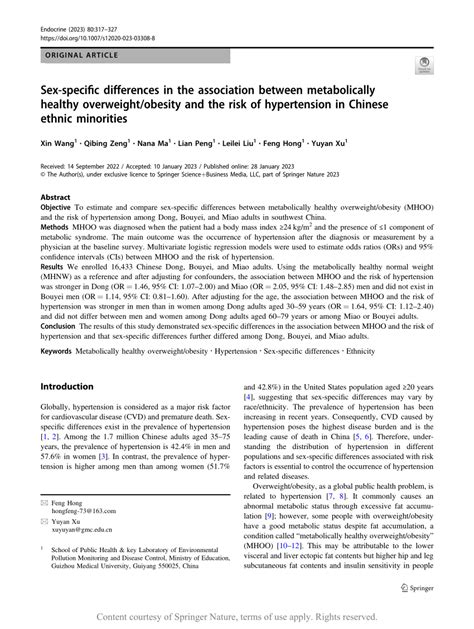 Sex Specific Differences In The Association Between Metabolically Healthy Overweightobesity And