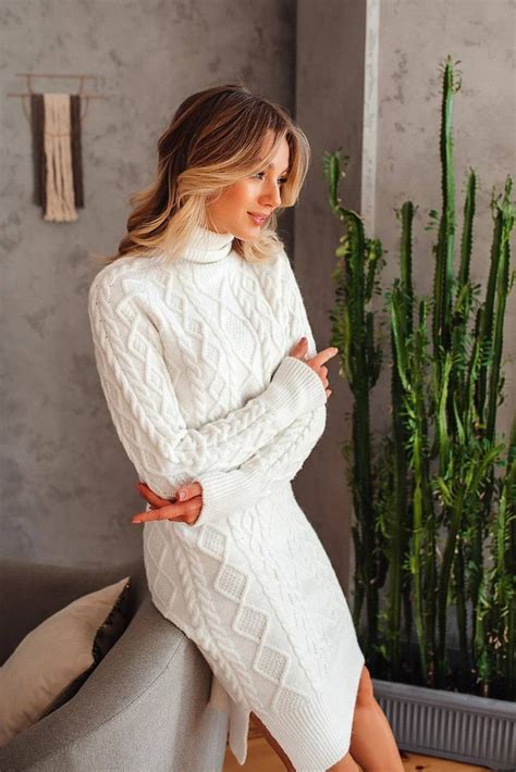 White Knitted Seamless Dress Womens Warm Long Sleeve Etsy